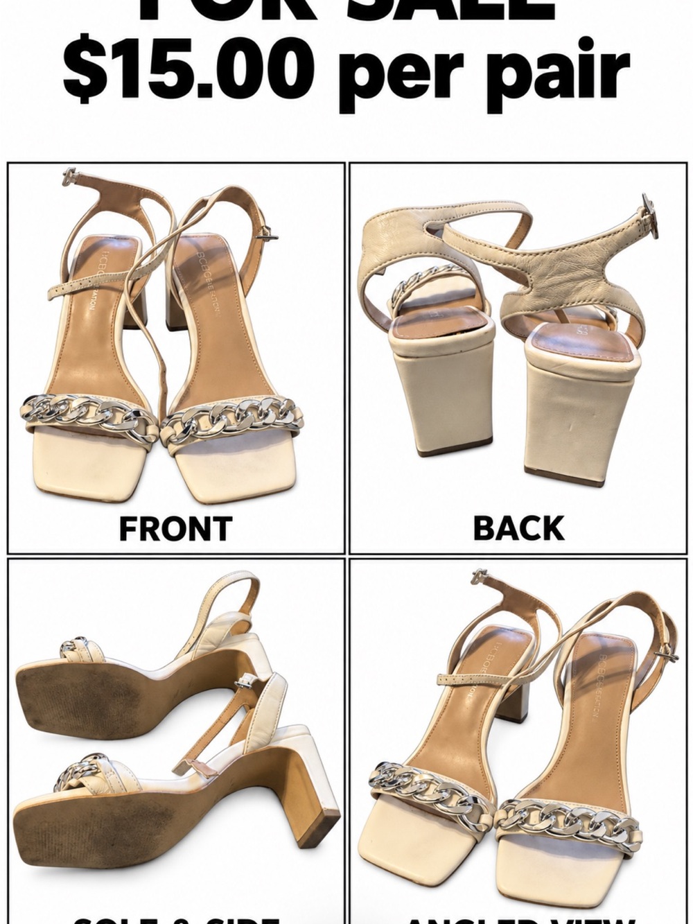 BCBG Cream Chain-Accent Block Heel Sandals